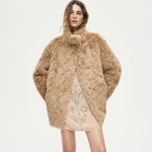 Stand-Up Collar Faux Fur Coat, H&M, Dark Beige, M